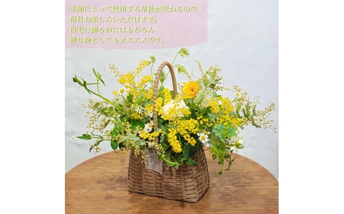 【6回定期便】季節の生花バスケットフラワーM / お花 フラワー アレンジメント バスケットフラワー そのまま飾れる 作家 手作り カゴバッグ 旬の生花 定期便 ナチュラル インテリア お祝い 高知市