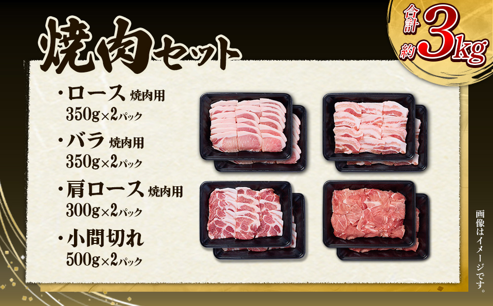【6回定期便】豚肉 宮崎県産 いもこ豚 焼肉 セット 3kg × 6回 総合計 18kg 切り落とし 小分け 豚 豚バラ バラ ロース 肩ロース スライス 小間切れ 焼肉用 焼き肉 BBQ 鉄板焼き 豚丼 国産 九州産 宮崎 ブランド 冷凍 送料無料