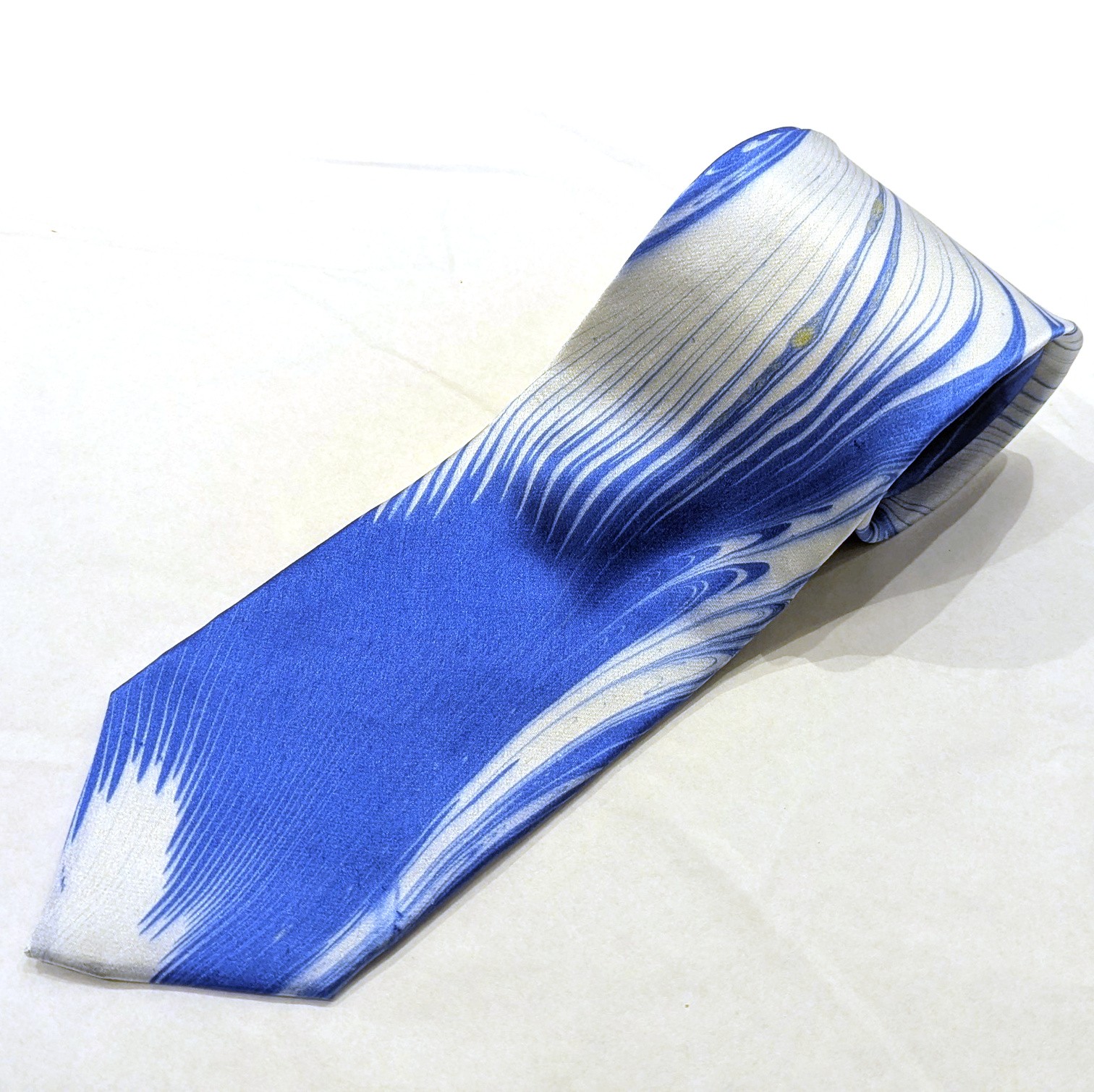 
                  墨流し染　シルク　ネクタイ　青線柄／染美堂 一点物 贈り物 絹 サテン織　奈良県　葛城市【snbd020】
                