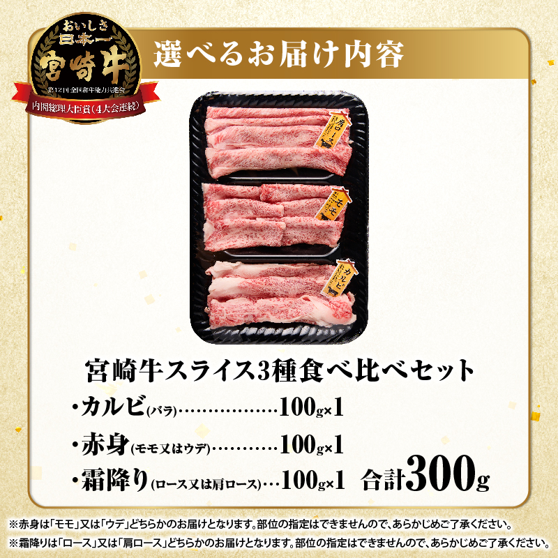 宮崎牛『スライス』3種食べ比べセット(合計300g)肉 牛 牛肉 おかず 国産_T009-037【人気 ギフト 食品 すきやき しゃぶしゃぶ BBQ 贈り物 送料無料 プレゼント】
