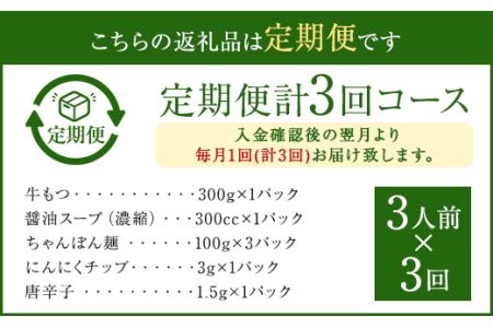 【3ヶ月定期便】博多もつ鍋 醤油 セット 3人前 もつ ちゃんぽん麺