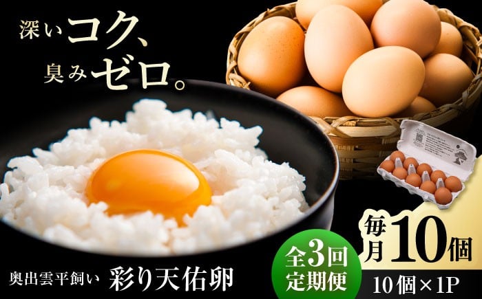 
                  卵 【平飼い卵】【全3回定期便】黄身の濃厚なコクと白身の甘み！たたらの里平飼い 彩り天佑卵 10個入り（10個×1P）たまご 卵 放牧卵 玉子 タマゴ 鶏卵 生卵 国産 平飼い 放し飼い 卵焼き 卵かけご飯 朝食 朝ごはん ご褒美 コク 旨み 贅沢 お取り寄せ 毎日食べたい卵 美容 健康 定期便 人気 高評価 ランキング 島根県雲南市/株式会社たなべたたらの里（たなべ森の鶏舎) [AIDL007]
                