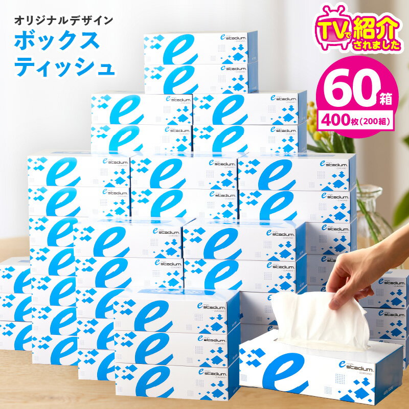 【ふるさと納税】TVで紹介!ボックスティッシュ 60箱 400枚 200組 パルプ100% 日用品 消耗品 防災 備蓄 eスポーツ応援 肌ざわり なめらか ソフトタッチ 丈夫 快適 ティッシュ ティッシュペーパー ランキング急上昇中 大阪府 泉佐野市 オリジナル 送料無料