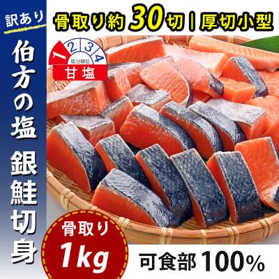 ふるさと納税 松山市 【訳あり】骨取り 銀鮭 切り身 (厚切り小型・約30切(1kg)) 伯方の塩・甘口|可食部100%