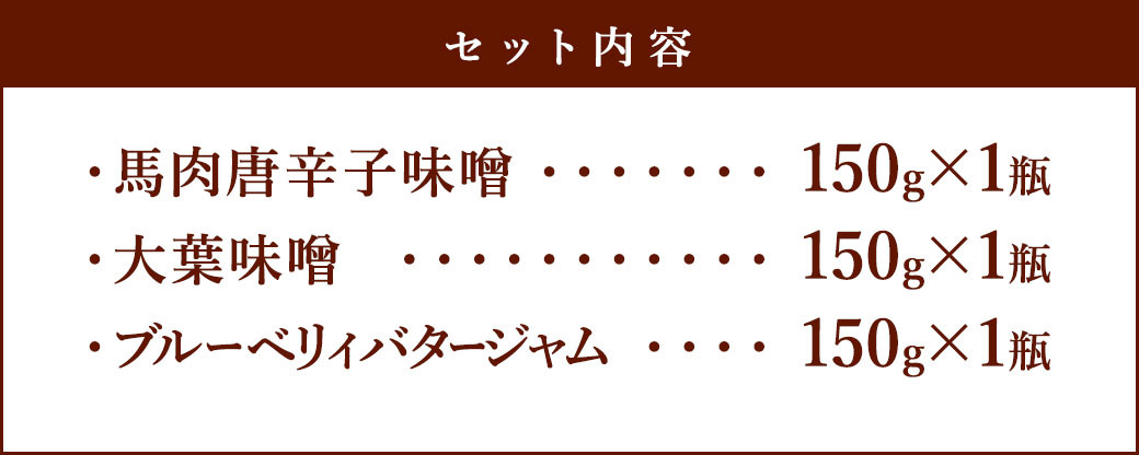 熊本産ひろのすけ オリジナル「人気セレクトセット」馬肉味噌・大葉味噌・ブルーベリィ バタージャム