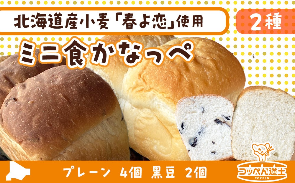
            ミニ食かなっぺ2種セット【プレーン4個/黒豆2個　計6個】北海道産 小麦 春よ恋 食パン パン トースト カナッペ 手作り 自家製 焼きたて 酵母 ベーカリー 朝食 手軽 冷凍 お取り寄せ 人気 自家用 ギフト 送料無料 木古内 木古内町
          