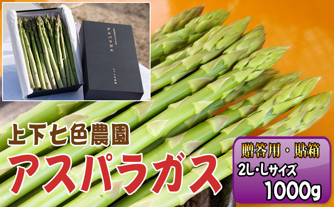 
                  上下七色農園贈答用アスパラガス　2L・Lサイズ　貼箱（1kg） ／ アスパラガス グリーンアスパラ 贈答用 ギフト お中元 野菜ギフト 新鮮 みずみずしい 甘み やわらかい 国産 産地直送 サラダ BBQ 炒め物 朝採れ Lサイズ 2Lサイズ 化粧箱入り 贈り物 春野菜 高級野菜 広島県 特産品 No.1097
                