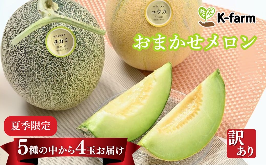 
                  【2026年 先行予約】 訳あり メロン 4玉 約6kg おまかせ K-farm | 国産 ワケあり めろん 糖度 果物 旬 夏 人気 おすすめ 産地直送 フルーツ デザート 不揃い 規格外 訳あり品 6キロ 小千谷産 メロン ユウカ タカミ 赤肉 きみか クレセント 果実 果汁 贅沢 ご褒美 新潟県 小千谷市【0054-0003-01】
                