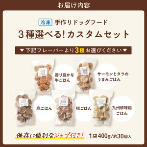1cofood 手作りドッグフード 5種類から3品を選択可能 1.香り豊かな牛ごはん 2.サーモンとタラのうまみごはん 3.鹿ごはん 4.猪ごはん 5.九州華味鶏ごはん_ドッグフード 手作り 5種類 