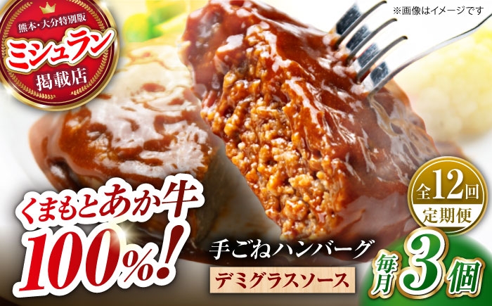 
            【全12回定期便】　くまもとあか牛100%手ごねハンバーグ　デミグラスソース煮込み（約300ｇ×３個　デミグラスソース込み）　【有限会社スイートサプライなかぞの】 [ZBV102]
          