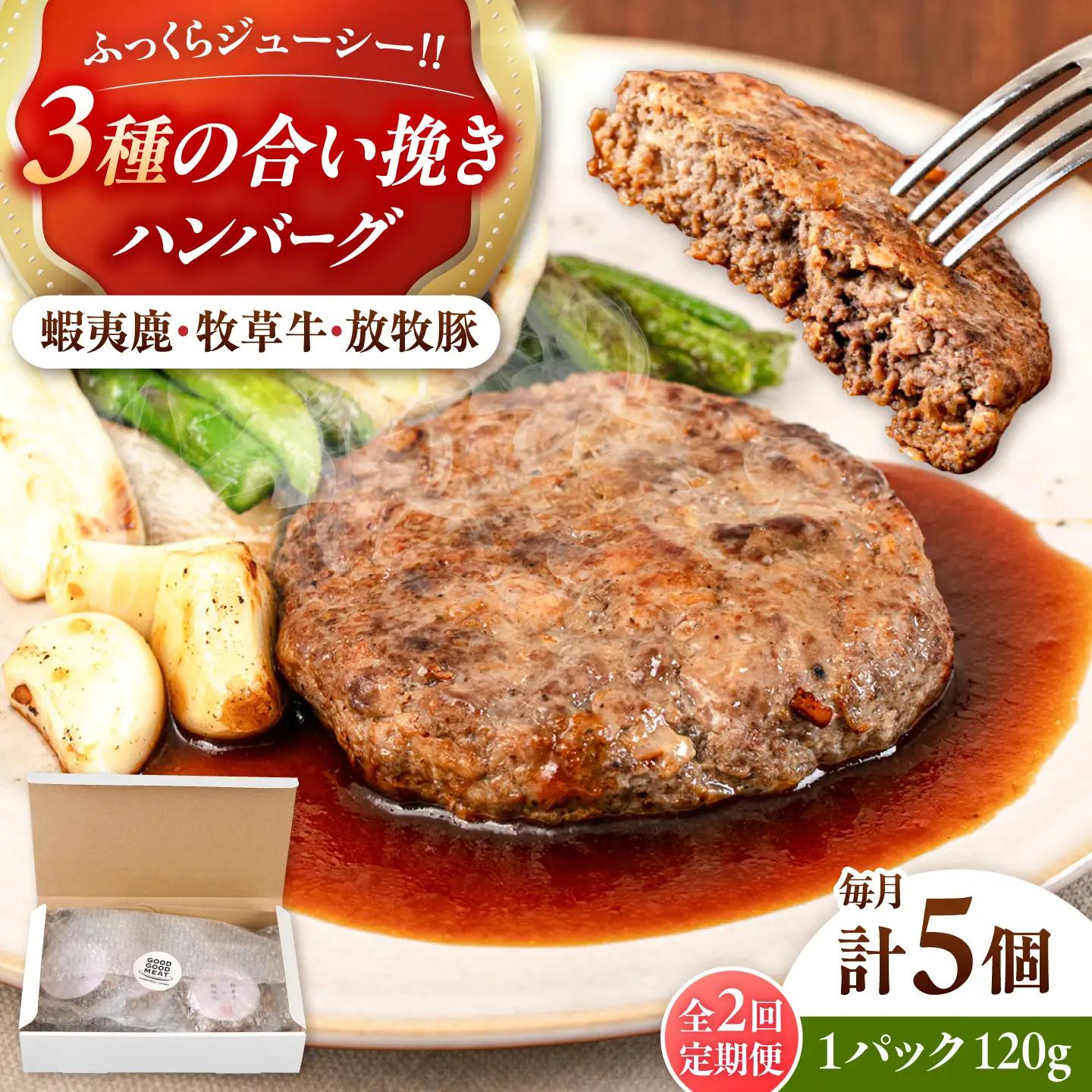 【全2回定期便】【蝦夷鹿×牧草牛×放牧豚】ハンバーグ 5個   鹿肉 牛肉 豚肉 小分け 冷凍 北海道 [AXBP018]