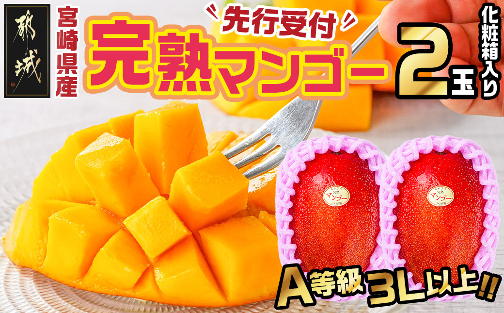 
                  【先行受付!】宮崎県産完熟マンゴー(A等級) 【3L以上×2玉】化粧箱入り≪2026年5月中旬以降順次お届け≫_AE-0112_(都城市) 宮崎県産 完熟マンゴー 化粧箱入り 3Lサイズ 糖度13度以上 A等級品 南国宮崎
                