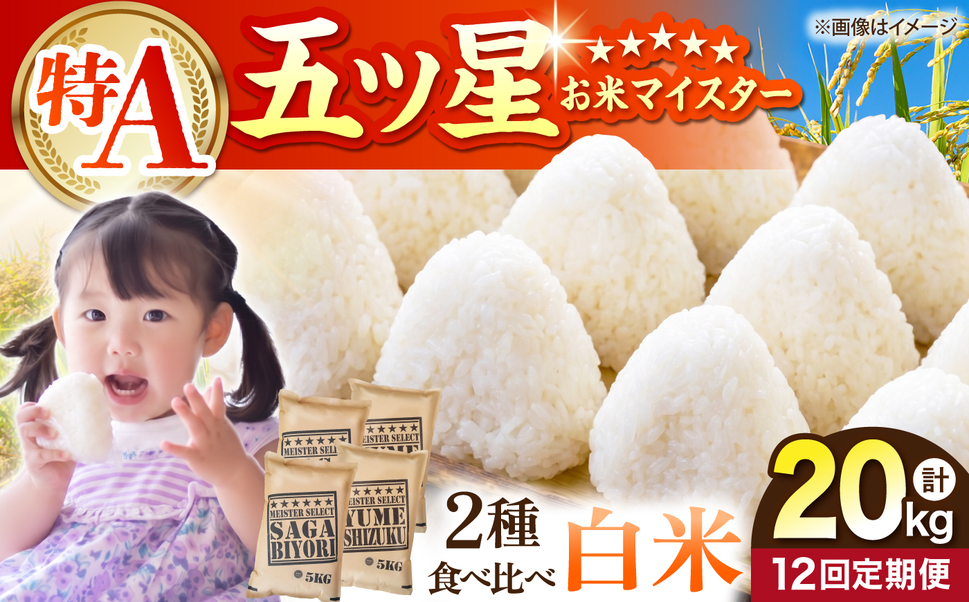 【全12回定期便】 白米 食べ比べ さがびより・夢しずく 各回20kg（各5kg×2袋）【五つ星お米マイスター厳選】特A米 特A評価 [HBL151]