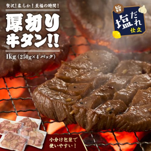 【訳あり】贅沢！やわらか！至福の時間！！厚切り塩だれ牛タン！！1kg（250g×4パック）＜牛タン 牛たん 厚切り 塩だれ 小分け 訳あり 牛肉 焼肉 味付け サイズ不揃い 厚切り 塩タン 冷凍 BBQ＞
