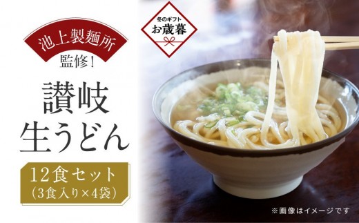 
                  【お歳暮ギフト】讃岐生うどん12食入（1袋3食入×4袋）＊鎌田醤油だし醤油付＊  池上製麺所監修！｜うどん 生麺
                