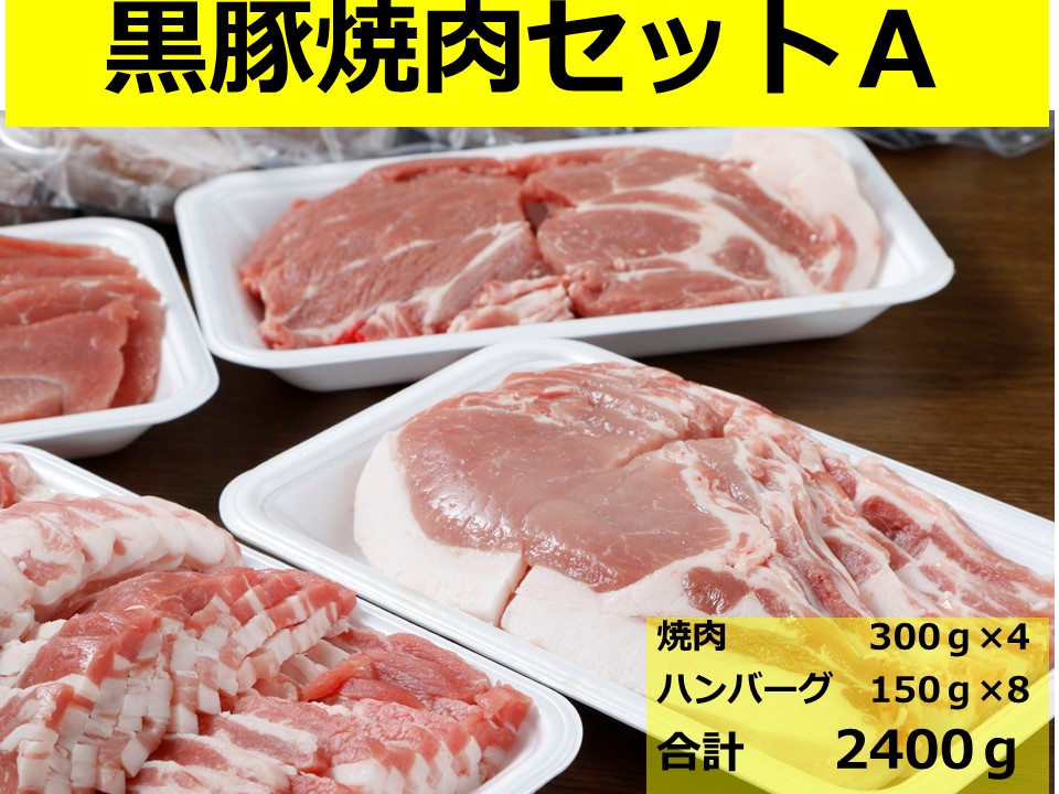 北海道 黒豚焼肉Aセット2400g・ハンバーグ8個付 ロース 肩ロース バラ モモ ハンバーグ 冷凍 小分け 黒豚 豚肉 お肉 肉