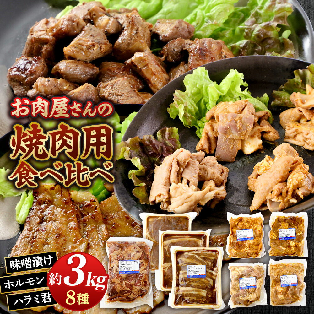 【ふるさと納税】群馬県産 肉の長門 お肉屋さんの焼き肉用食べ比べセット 計約3kg（味噌漬け3種、ホルモン4種、ピリ辛ハラミ君）豚肉 沼田市 特産品 [モチ もち ブタ ぶた ろーす モモ バラ ホルモン ハラミ 肉 もっちり ボリューム たっぷり]