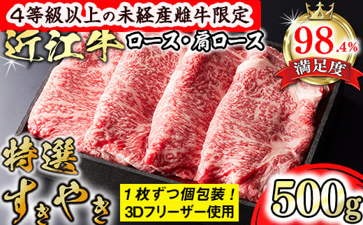 【森三商会】4等級以上の未経産雌牛限定　近江牛特選すき焼き 500g（ロース・肩ロース）【GM02W】（滋賀県　近江八幡市）