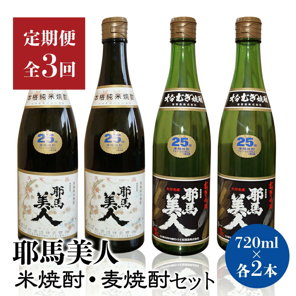【ふるさと納税】【定期便3回】「耶馬美人」720ml 25度 米 2本 720ml 25度 麦 2本 (4本セット) | お酒 耶馬美人 日本酒 地酒 焼酎 米焼酎 麦焼酎 各2本 4本 呑み比べ 飲み比べ 晩酌 焼酎セット セット 定期 定期便 大分県 中津市