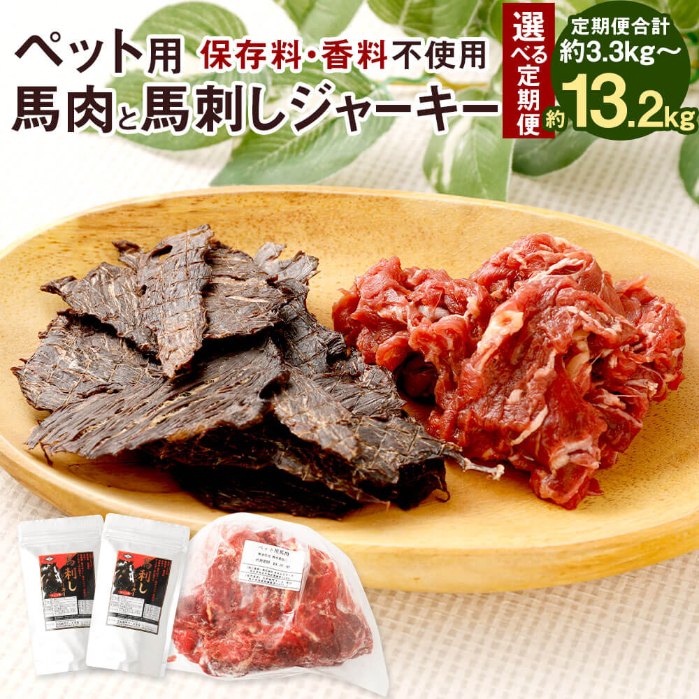 【ふるさと納税】＜選べる定期便＞ペット用 馬肉（約1kg×1袋）・馬刺しジャーキー（約50g×2袋） セット 1回あたり計1.1kg 1ヶ月毎 3回 6回 12回 馬肉 お肉 おやつ ごはん ご飯 ペットフード ドッグフード 犬用 キャットフード 猫用 冷凍 熊本県 相良村 送料無料