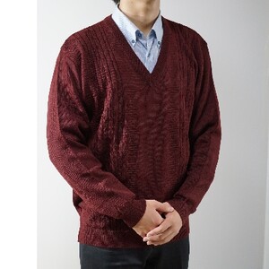 模様有 メンズニット セーター ワイン M寸 15140【1219596】