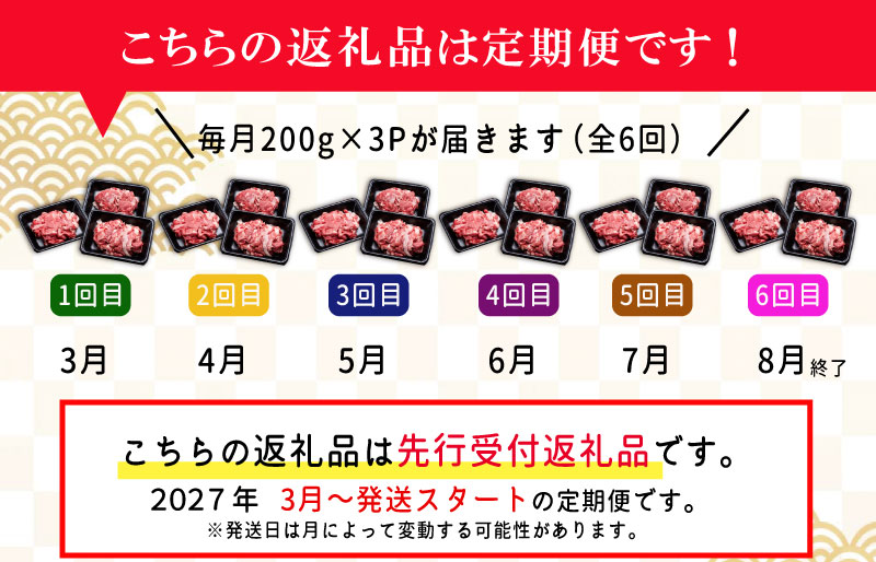 家庭用 松阪牛 小間切れ 200g×3P 定期便 全6回 選べる 内容量 国産 和牛 牛肉 小間切れ ブランド牛 小分け 冷凍 2027年3月発送 令和9年 先行予約 来年 3月 毎月 お届け SS8