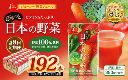 ＜ R8年熊本地震復興支援 ＞【8回定期便】【野菜飲料初！ジャパンフードセレクション グランプリ受賞】 ジューシー 野菜ジュース ぎゅっと日本の野菜 100％ 125ml×24本 ジュース 紙パック 国産