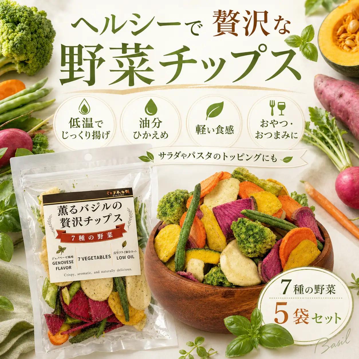 薫るバジルの贅沢チップス　7種の野菜5袋セット ／ 野菜チップス ベジタブルチップス ヘルシー 低温揚げ 軽い食感 サクサク トッピング おつまみ ワイン ビール スナック菓子 さつまいも じゃがいも