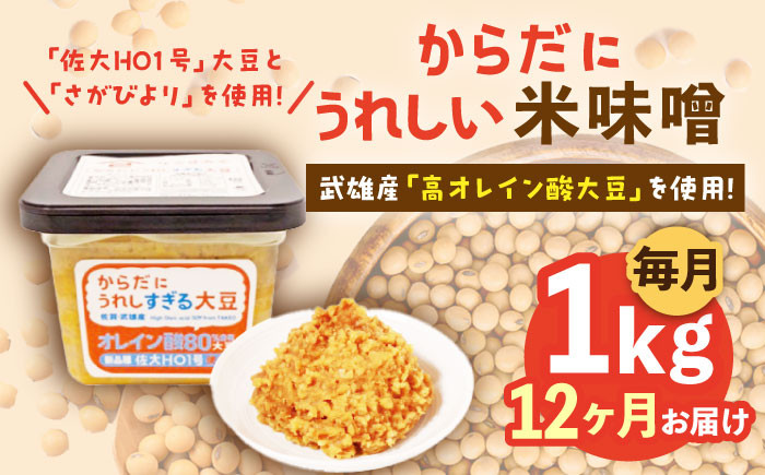 
【12回定期便】からだにうれしい 米味噌 1kg（500g×2個）高オレイン酸大豆使用 なるせみそ /角味噌醤油 [UAX012] 味噌 みそ 調味料 大豆
