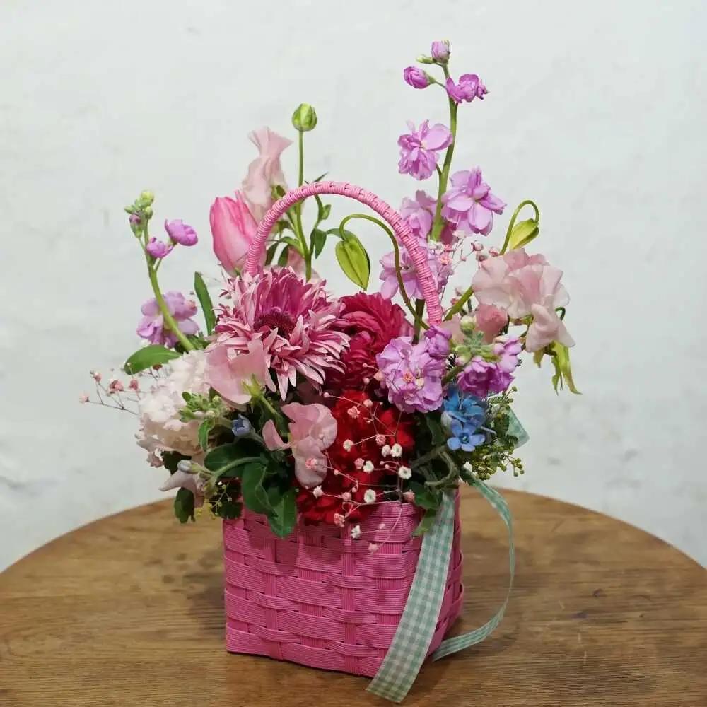 【6回定期便】季節の生花カラーバスケットフラワーS / お花 フラワー ミニサイズ アレンジメント カラーバスケット おしゃれ インテリア 省スペース プチギフト おまかせ 手作り 雑貨 季節の便り 