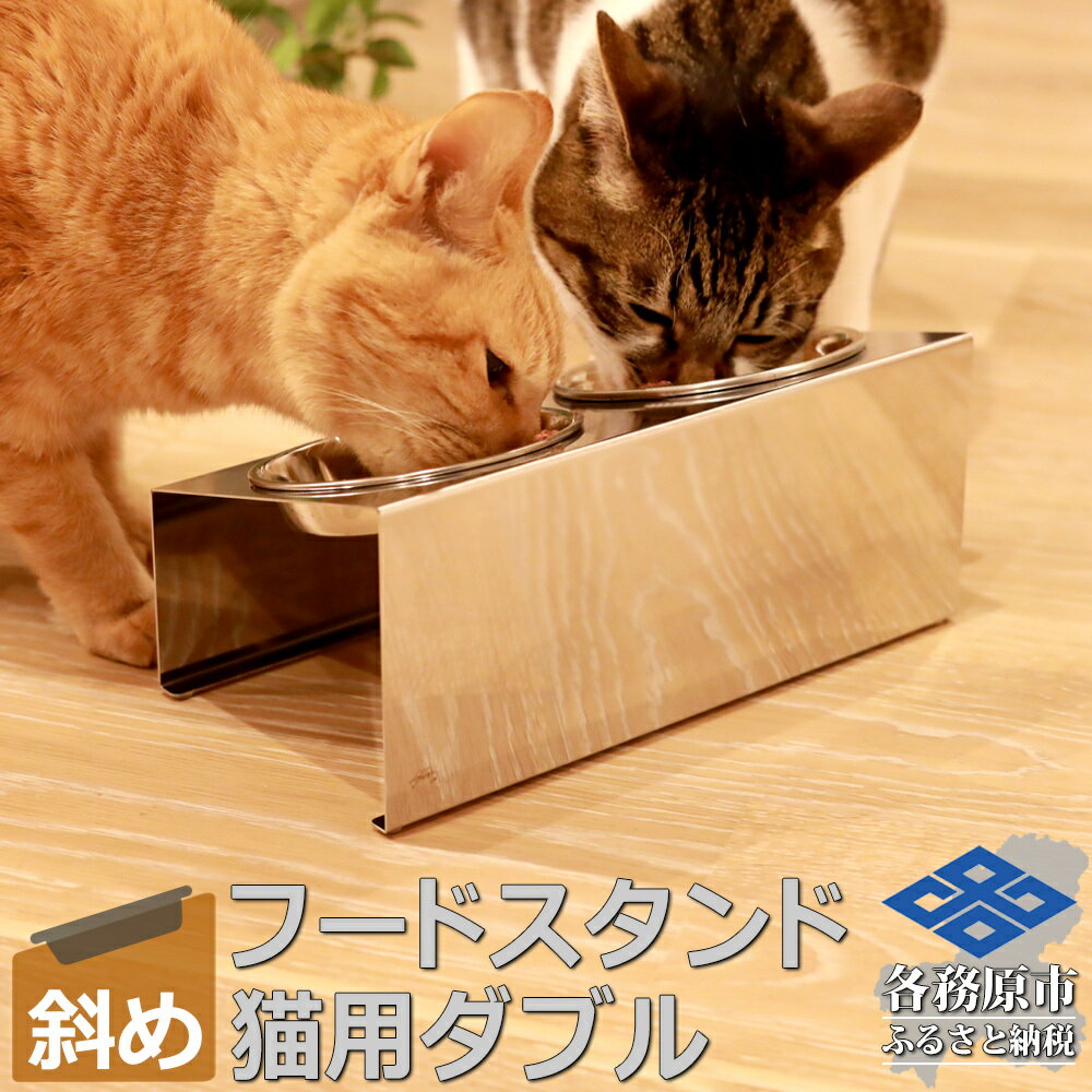 【ふるさと納税】ペットフードスタンド 猫用 食器台 ステンレス製 傾斜タイプ ステンレス食器皿 ダブルスタンド PT10-01B-2