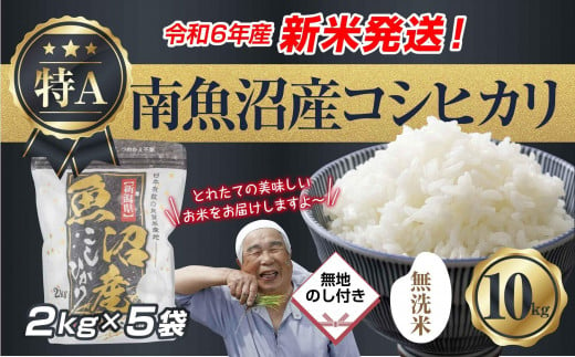 【新米発送】 無地のし 「無洗米」 令和6年産 新潟県 南魚沼産 コシヒカリ お米 2kg×5袋 計 10kg 精米済み（お米の美味しい炊き方ガイド付き） お米 こめ 白米 新米 こしひかり 食品魚沼 南魚沼 南魚沼市 新潟県産 新潟県 産地直送