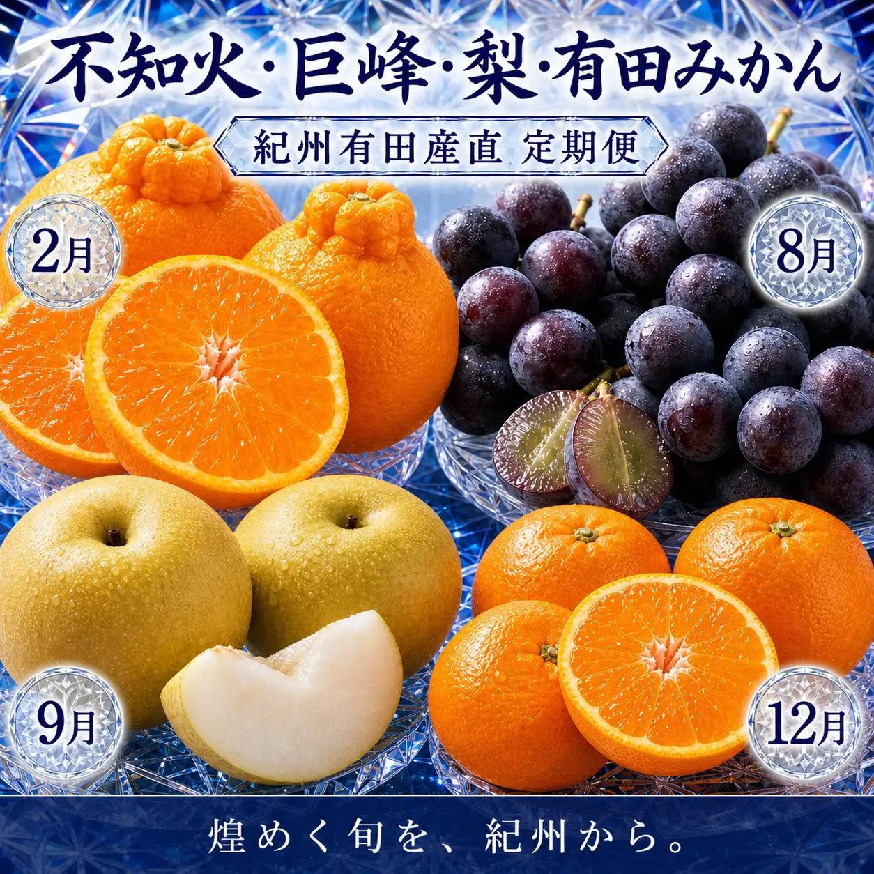 【2・8・9・12月 全4回】紀州産 巨峰とフルーツ定期便（巨峰・梨・みかん・不知火） 【魚鶴】