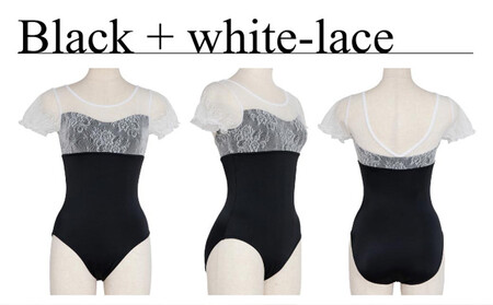 バレエ レオタード リーサ & バレエ演目刺繍入り タオルハンカチ（1枚） セット エレガントフラワーレース シースルーレース 袖付き パフ袖 ジュニア 大人 日本製 3年保証 （スカートなし）