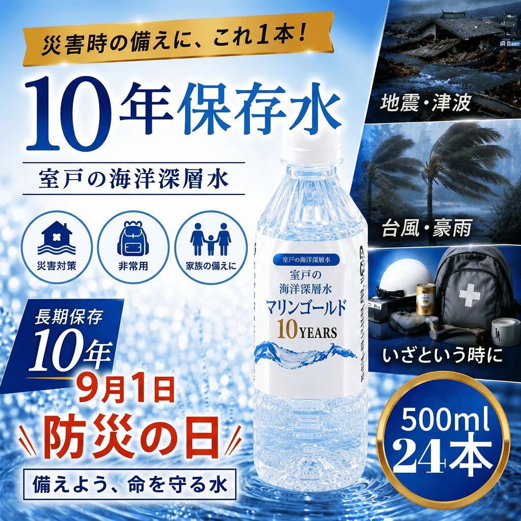 【１０年保存水】 災害時に備えちょきよぉ～セット 500ml×24本 500ml×48本 マリンゴールド10years ミネラルウォーター ペットボトル 長期保存水 備蓄水 8000円 15000円 備蓄用 非常災害備蓄用 災害用 小分け 便利 みねらるうぉーたー 避難用品 防災グッズ 防災 備蓄 災害 震災