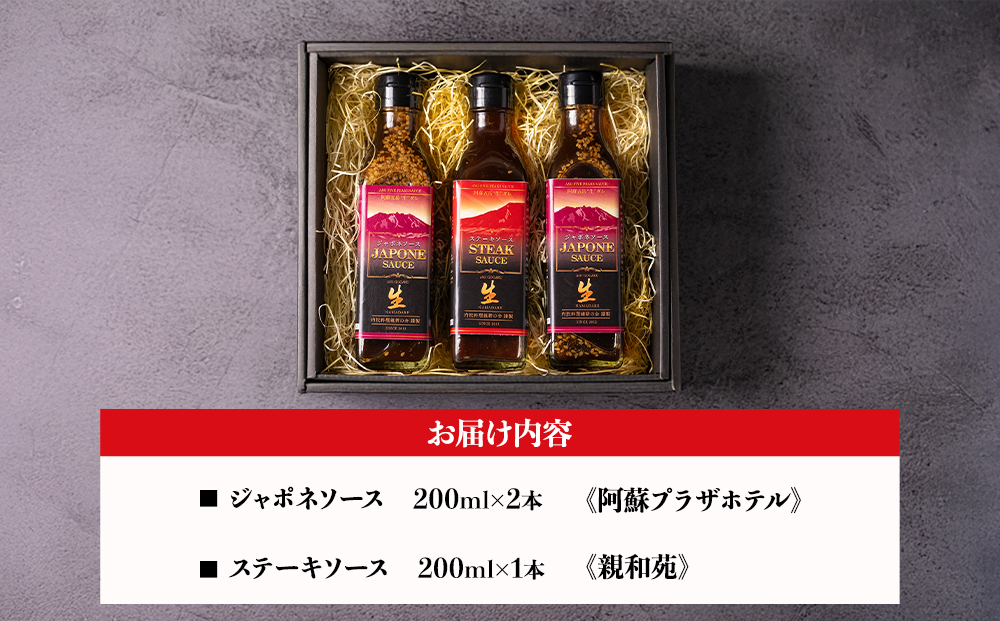 ソース2種セット ステーキソース 1本 ジャポネソース 2本 200ml 計3本 肉料理 肉 ドレッシング 和え物 内牧料理維新の会 肉 野菜 阿蘇プラザホテル 親和苑 熊本県 阿蘇市