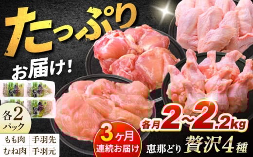 【3回定期便】 【冷凍】 恵那どり 贅沢4種 詰め合わせ (もも肉2枚 むね肉2枚 手羽先10本 手羽元10本) 小分け セット (約2~2.2kg×3回)　 鳥肉 鶏肉 とりにく 鶏モモ 鶏ムネ 冷凍  手羽先 手羽元 手羽 小分け 唐揚げ 真空包装 詰め合わせ 鶏肉食べ比べ 詰合せ バーベキュー ＢＢＱ アウトドア キャンプ 多治見市/トーノーデリカ [TEZ014]
