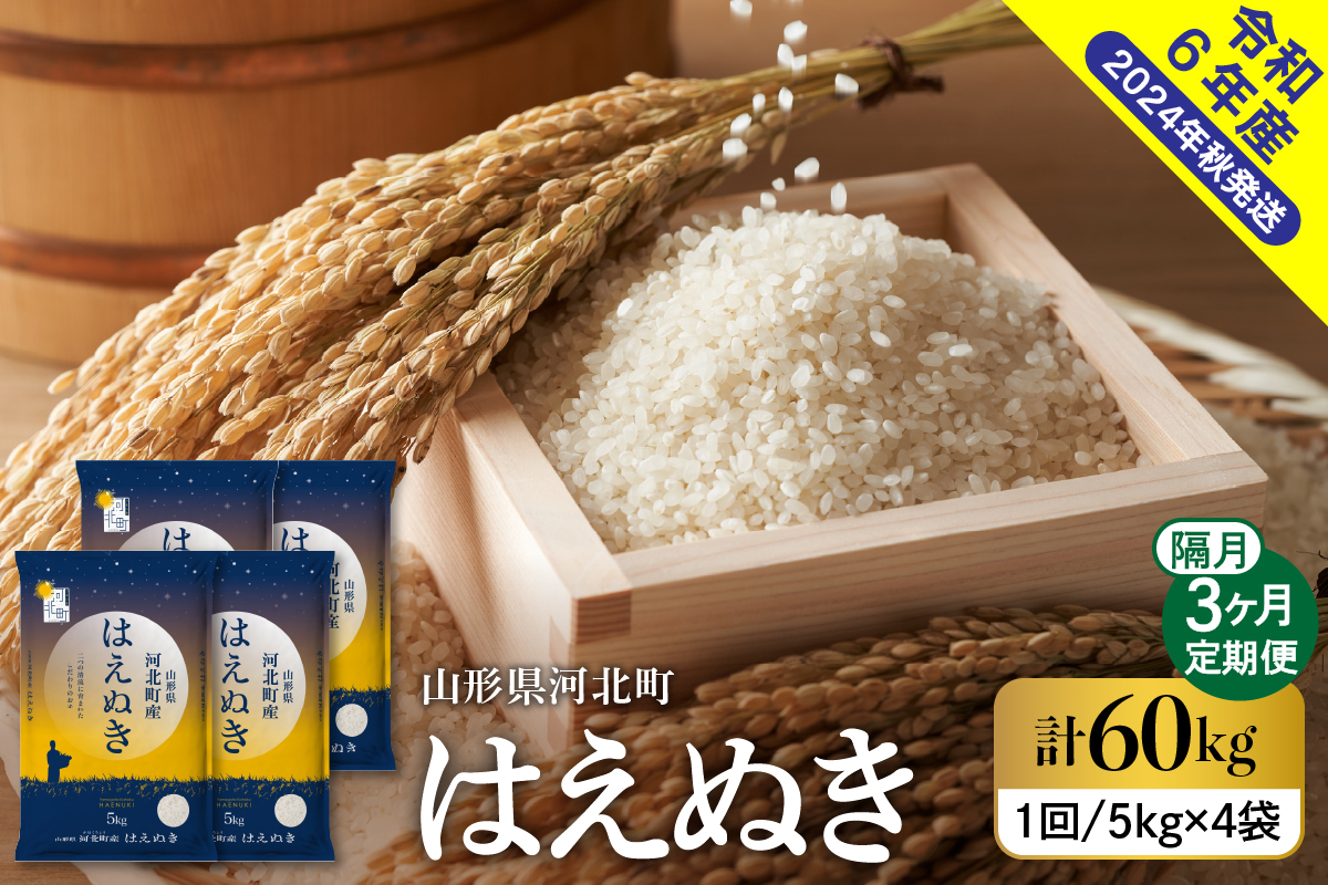 【令和6年産米】※2025年1月上旬スタート※ はえぬき60kg（20kg×3回）隔月定期便 山形県産 【米COMEかほく協同組合】