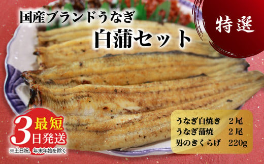 国産うなぎ白蒲セット4本【最短3日発送】うなぎの白焼き（120g～130g×2尾）、うなぎの蒲焼き（120g～130g×2尾）、男のきくらげのセット｜国産のブランド鰻を茨城県土浦市の職人が丁寧に作り上げた美味しい蒲焼きと白焼きです※離島への配送不可