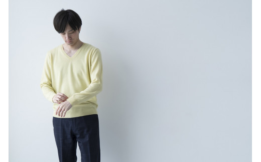 Vネックプルオーバー 度詰(L.イエロー)男性用サイズ:S(40)≪白田のカシミヤ/SHIRATA KNITWORKS≫
