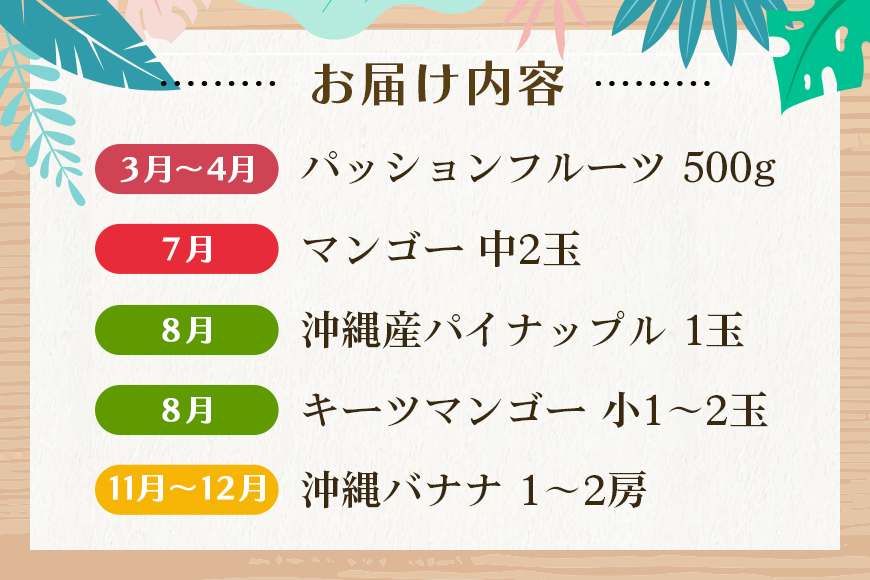 【定期便全5回】沖縄フルーツ定期便 5回 パッションフルーツ 沖縄産パイナップル マンゴー キーツマンゴー 沖縄バナナ