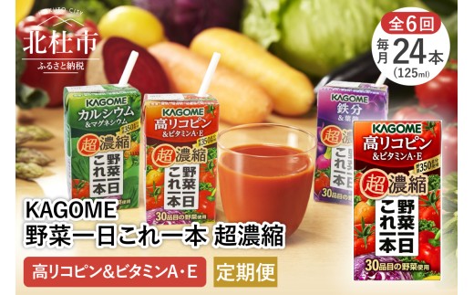 【6ヵ月定期便】カゴメ 野菜一日これ一本 超濃縮 高リコピン＆ビタミンA・E 125ml 紙パック 24本入 （野菜ジュース） 濃縮ジュース 名水仕込 無添加 これ1本 野菜不足 健康 飲料 健康食品 仕送り 防災