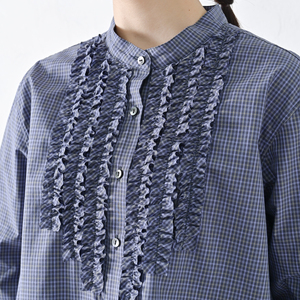 【THE INDUSTRY WORKS】フロントフリルネックブラウス（ネイビー×ブルー）・1着　TIW-W038（66-27-NVBL） レディース ブラウス