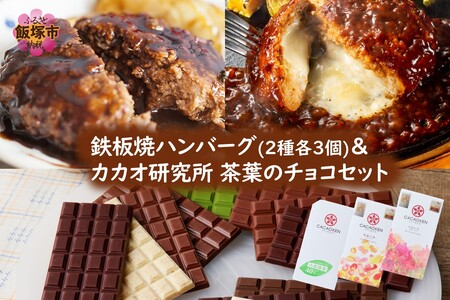 鉄板焼ハンバーグ(2種各3個)＆カカオ研究所 茶葉のチョコセット(カカオ研究所 チョコレート 抹茶 珈琲 ほうじ茶 ハンバーグ デミグラスソース)【B-205】