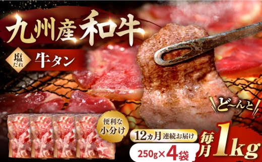 国産牛タン定期便【12回定期便】九州産和牛の牛タン約1kg（約250g×4パック）国産 牛タン和牛長与町/岩永ホルモン [EAX083] 国産 牛肉 和牛 タン 牛タン 塩だれ牛タン 塩ダレ 牛たん塩 味付き ぎゅうたん ギュウタン 薄切り スライス 味付き 塩 焼肉 焼き肉 冷凍 焼くだけ 簡単調理 小分け 真空 定期便 ていきびん 定期 毎月 届く
