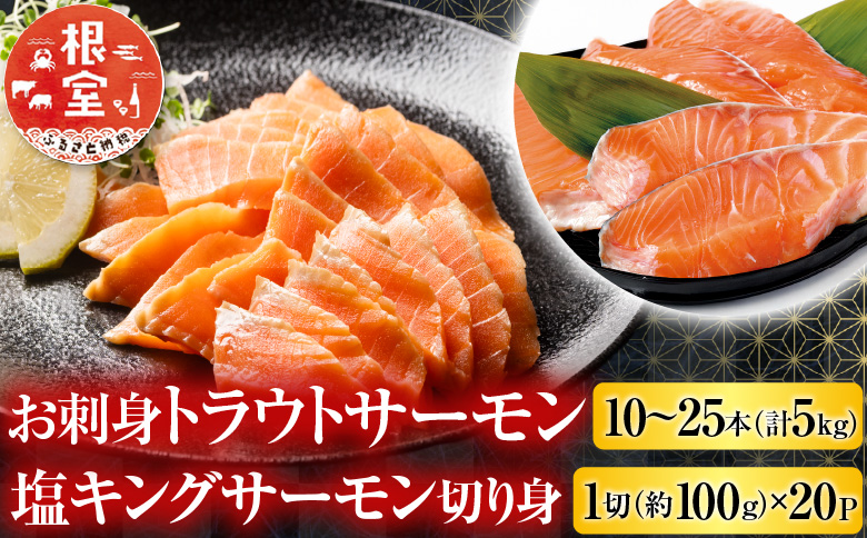お刺身トラウトサーモン10～25本(計5kg)＆塩キングサーモン切り身1切(約100g)×20P E-09009