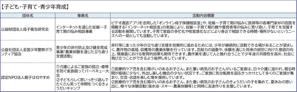 「子ども・子育て・青少年育成」カテゴリの事業を実施する団体・事業の概要
