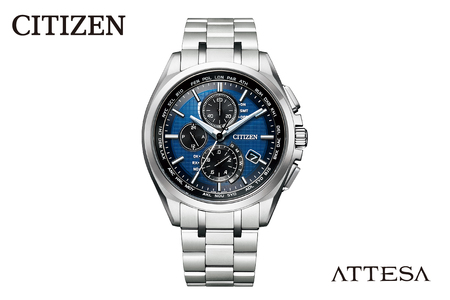 【CITIZEN】 アテッサ AT8040-57L シチズン 腕時計 メンズ シルバー ネイビー 光発電 エコ・ドライブ 電波受信 防水 クロノグラフ デュラテクトチタンカーバイト スーパーチタニウム サファイアガラス メーカー保証 新潟県 妙高市