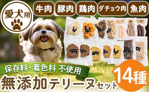 a884 ＜保存料・着色料 不使用＞愛犬用無添加テリーヌ14種セット 【Nフードサービス】姶良市 牛 豚 鶏 魚 ダチョウ テリーヌ 犬 ドッグ ペット フード エサ おやつ ごはん ご飯 間食 ご褒美 ペット関係