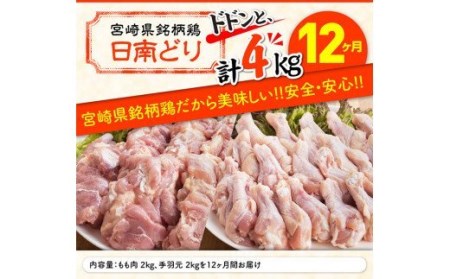 【12ヶ月定期便】宮崎県産若鶏　日南どり　もも肉＆手羽元　計4kg（各2㎏×1） 【 ふるさと納税 鶏肉 鶏 若鶏 もも 手羽元 セット 宮崎県産 川南町 おうち時間 おうちごはん 定期便 送料無料 